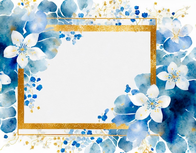 Quadro dourado com flores azuis aquareladas em fundo branco