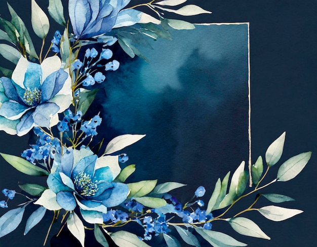 Quadro dourado com flores azuis aquareladas em um padrão de convite de casamento de fundo marinho