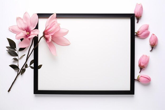 Foto quadro em branco com flores de magnólia rosa em fundo branco ai gerado