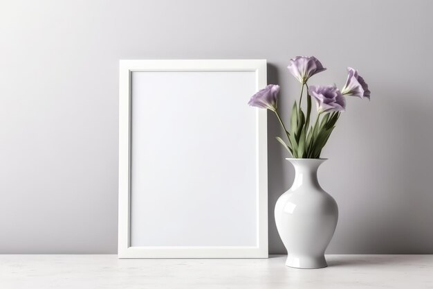 Quadro em branco com Lisianthus em vaso ao lado dele em fundo branco IA generativa