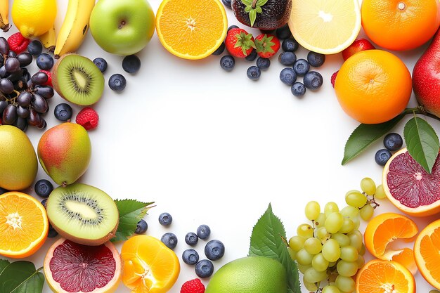 Quadro feito de diferentes frutas e bagas colocado em plano em cima do espaço de cópia