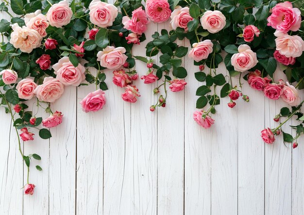 Quadro feito de flores de rosa em fundo de madeira branca Vista superior plana