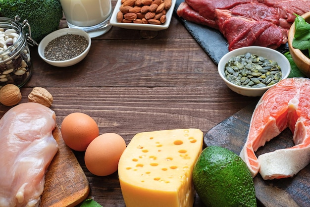 Quadro feito de fontes alimentares ricas em proteínas peixe carne de aves de capoeira nozes queijo ovos sementes legumes e leite