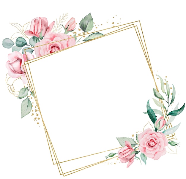 Quadro feito de rosas de aquarela rosa claro e folhas verdes ilustração isolada de casamento