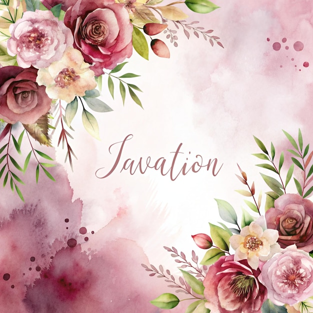 Quadro floral a aquarela com flores cor-de-rosa e borgonha