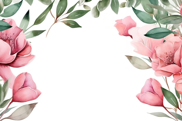 Quadro floral a aquarela com folhas e rosas