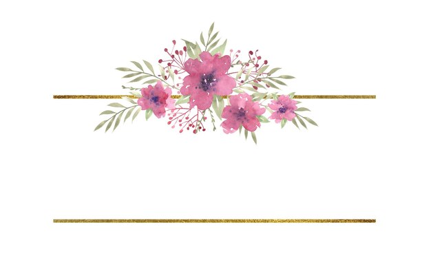 Foto quadro floral aquarelado feito de linhas com composições de flores cor-de-rosa e quadro de vegetação