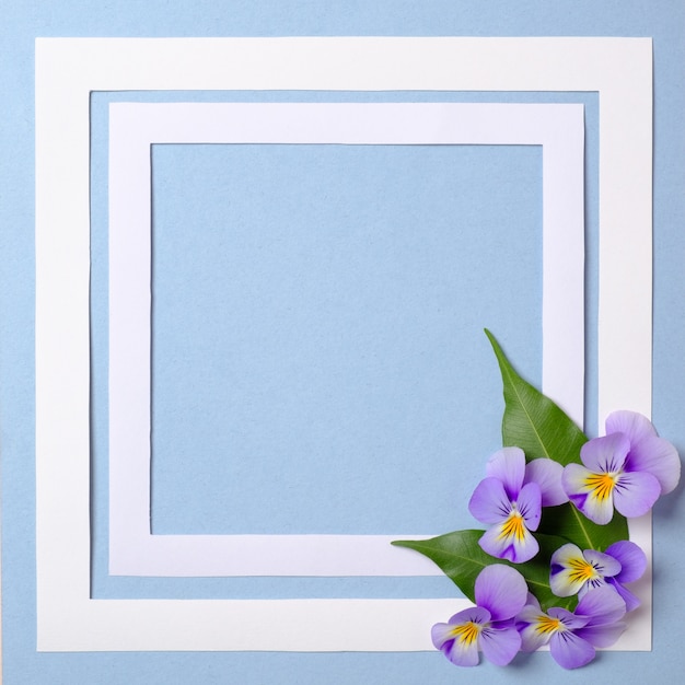 Quadro floral com pétalas de flores silvestres sobre fundo azul pastel. Vista superior, composição de estilo plano mínimo e macio