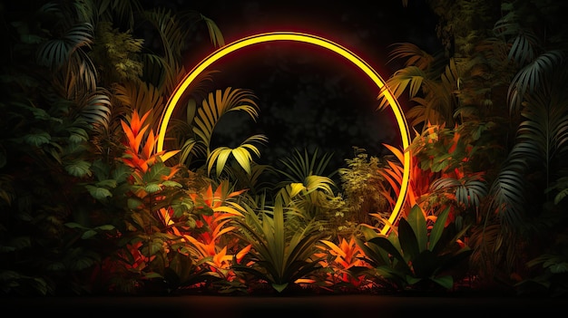 Quadro fluorescente em forma de círculo com luz de néon laranja e amarela na floresta tropical