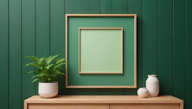 Quadro fotográfico de maquete de parede verde de laje de madeira montado no armário de madeira