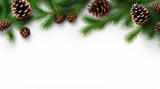 Quadro horizontal de Natal feito de galhos de árvores de abetos e cones banner de fundo branco com espaço em branco para texto