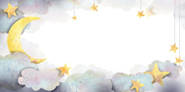 Quadro horizontal em um fundo claro de nuvens lua e estrelas Ilustração de aquarela infantil Para o design e decoração de banners certificados convites cartões postais cartazes anúncios