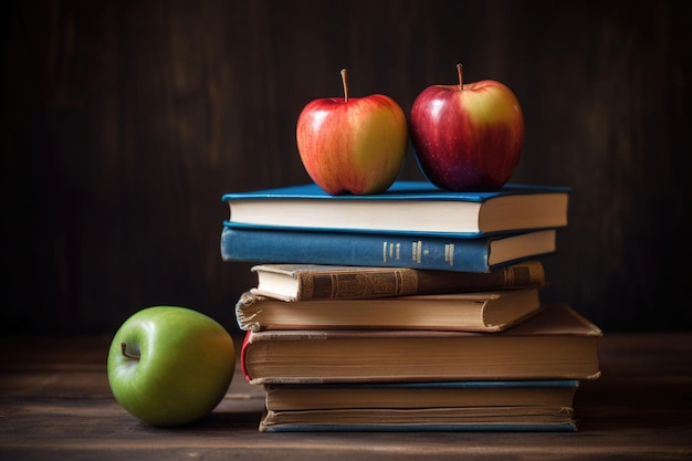 Quadro-negro com livros e maçãs na mesa de madeira De volta ao conceito de escola Generative AI