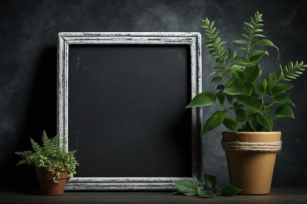 Quadro-negro com planta em maquete de pote