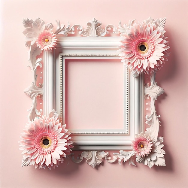 Quadro ornamentado branco vintage com acentos florais cor-de-rosa fundo rosa espaço de cópia de cartão do Dia da Mãe