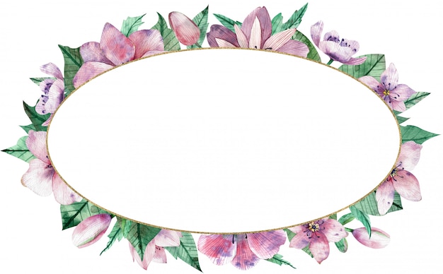 Quadro oval floral cor-de-rosa da aquarela com flores e fundo branco central.