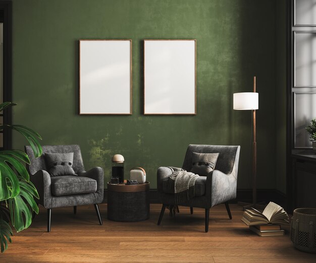 Quadro quadrado de maquete em fundo interior de casa mobiliada de verde escuro