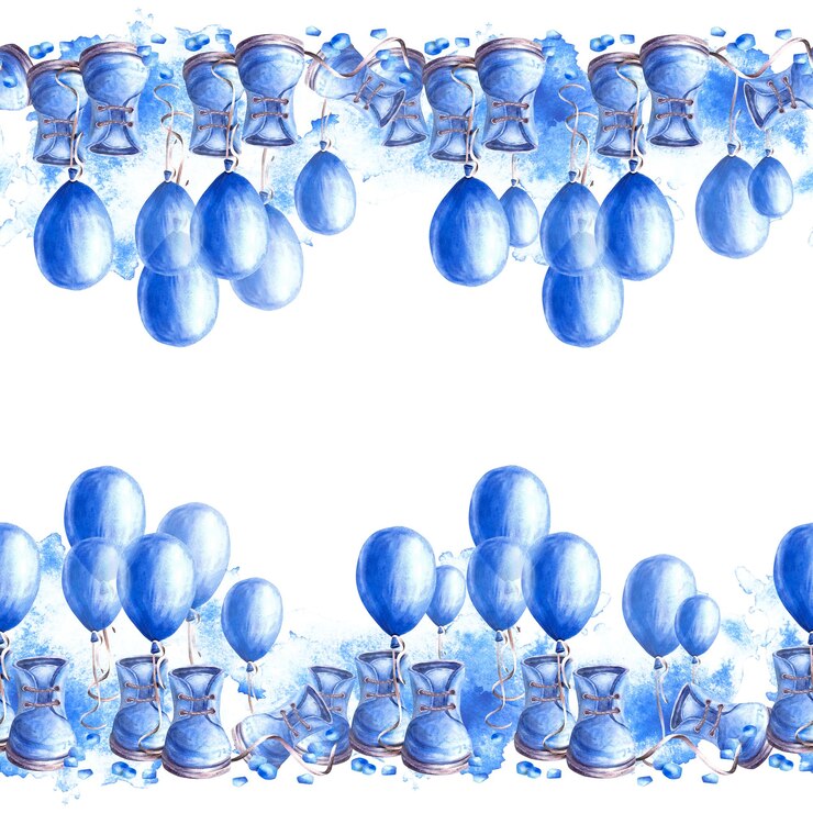 Foto quadro quadrado sem costura com balão de ar azul sapatos de bebê botas e ervilhas azuis aquarela pintada