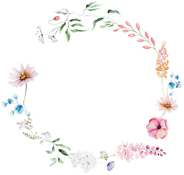 Quadro redondo feito de aquarela flores silvestres e folhas ilustração isolada de casamento