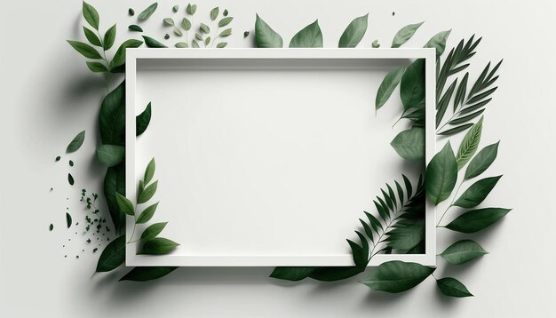 Quadro retangular verde minimalista em um fundo branco com folhas verdes Generative AI