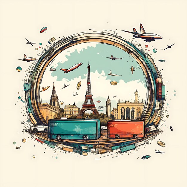 Quadro Retro Travel Scribbles Quadro Oval com malas retrô Airpl Creative Scribbles Decorativo