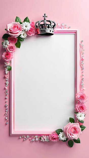 Quadro rosa com flores e coroa