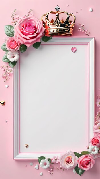 Quadro rosa com flores e coroa