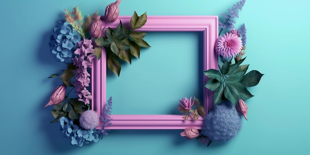 Quadro rosa com flores em um fundo azul Generative ai