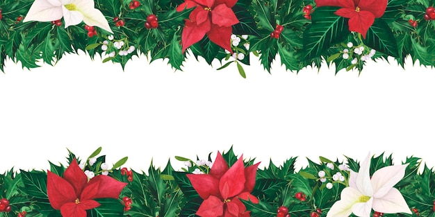 Quadro sem costura com folhas de azevinho de Natal bagas Poinsettia visco Ilustração em aquarela para pôster de modelo