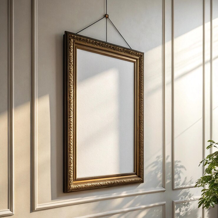 Foto quadro vertical realista na parede com moldura de madeira