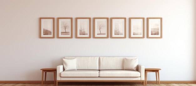 Foto quadros de fotos vazios na parede em uma sala de estar sob um sofá