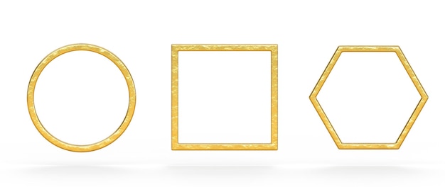 Quadros de metal dourado amarelo quadrado redondo e bordas hexagonais com textura brilhante conjunto de ícones de renderização 3d formas geométricas abstratas elementos gráficos de luxo foto ou quadros de jogos de avatar ilustração 3D