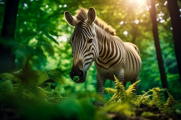 un quagga Equus quagga quagga comiendo hierbas en un bosque verde y de hadas