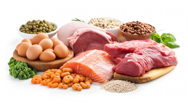 Qualität der Proteinquelle angemessene ausgewogene Ernährung gesundes Essen und Ernährungskonzept natürliche proteinreiche Lebensmittel auf dem Tisch weißer Hintergrund