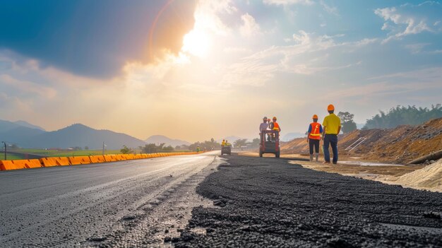 Qualitätssicherung Asiatische Bauingenieure führen strenge Straßeninspektionen vor dem Bau durch