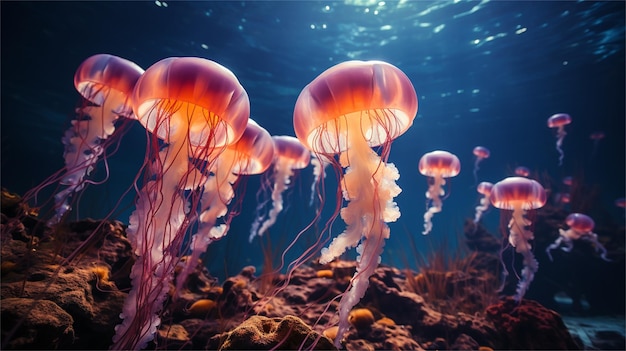 Quallen in einem Aquarium mit blauem Hintergrund.