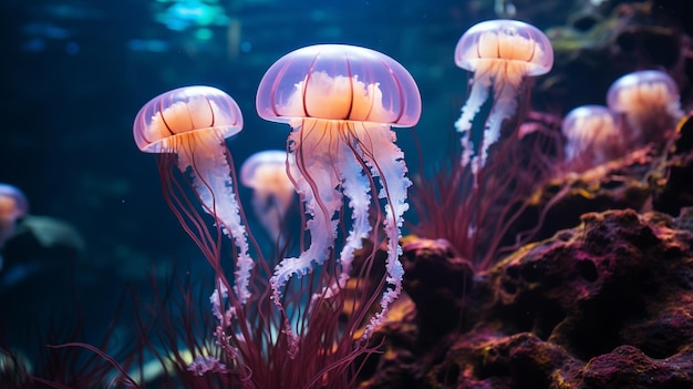 Quallen schwimmen in einem Tank mit viel wassererzeugender KI