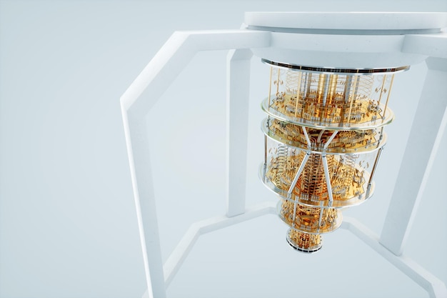 Quantencomputer Gold-Silber-Mechanismus isoliert auf weißem Hintergrund Mechanismus Quantencomputing Quantenkryptographie Steampunk Q-Bits paralleles Rechnen 3D-Darstellung 3D-Render