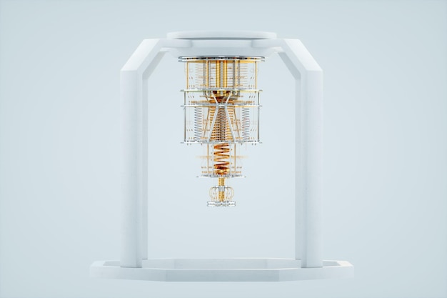 Quantencomputer Gold-Silber-Mechanismus isoliert auf weißem Hintergrund Mechanismus Quantencomputing Quantenkryptographie Steampunk Q-Bits paralleles Rechnen 3D-Darstellung 3D-Render