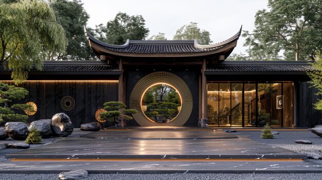 Foto quartel chinês moderno preto e dourado com porta redonda