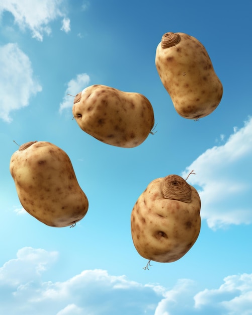 Foto quarteto de batatas que desafiam a gravidade o último deleite flutuante em alta resolução