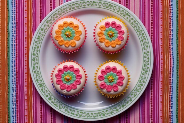 Quarteto de cupcakes coloridos em toalha de mesa vibrante
