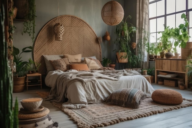 Quarto aconchegante com cama king-size e decoração com plantas naturais Generative AI