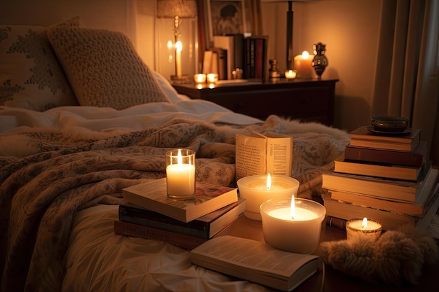 Quarto aconchegante com cobertores macios, velas e livros para leitura noturna aconchegante