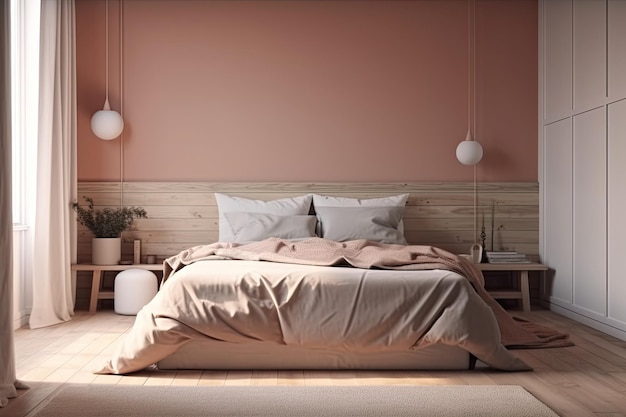 Quarto aconchegante com parede rosa, cama confortável e mesinhas de cabeceira estilosas