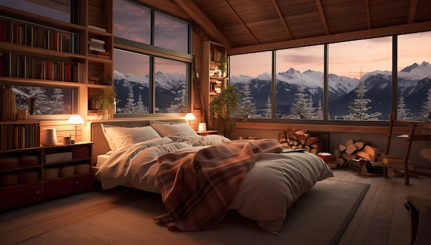 Quarto aconchegante com vista para uma paisagem de inverno