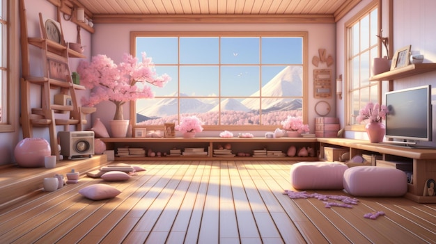 Foto quarto aconchegante de estilo japonês com vista para o monte fuji