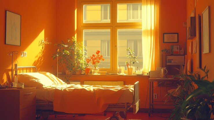 Foto quarto aconchegante e iluminado com uma cama e plantas