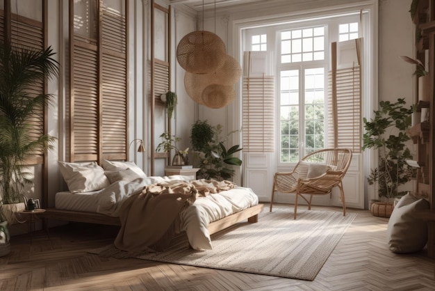 Quarto aconchegante em estilo boho móveis de bambu de madeira têxteis naturais abajures de vime e uma poltrona