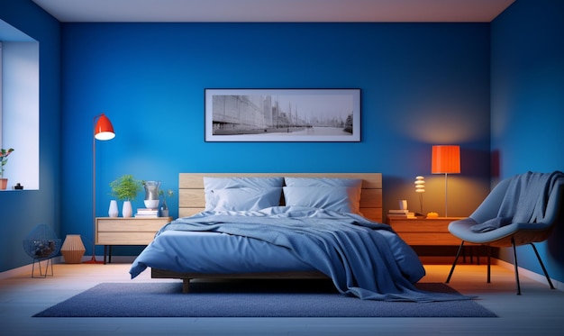 Foto quarto arafado com paredes azuis e uma cama com um cobertor azul generativo ai